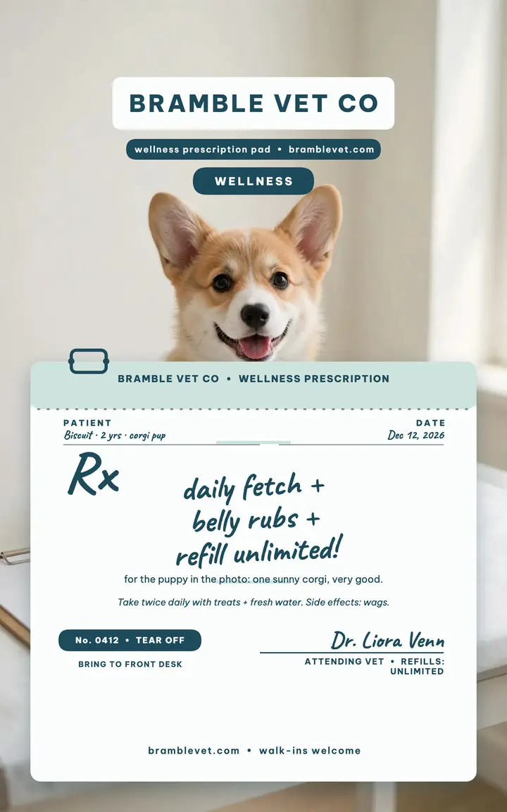 Bramble Vet wellness Rx pad with puppy: vet prescription pad promo template