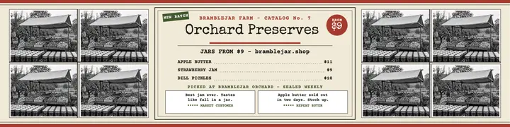 Bramblejar Farm orchard preserves catalog banner: farm preserves banner template