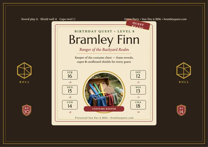 Bramley Finn birthday quest character sheet template