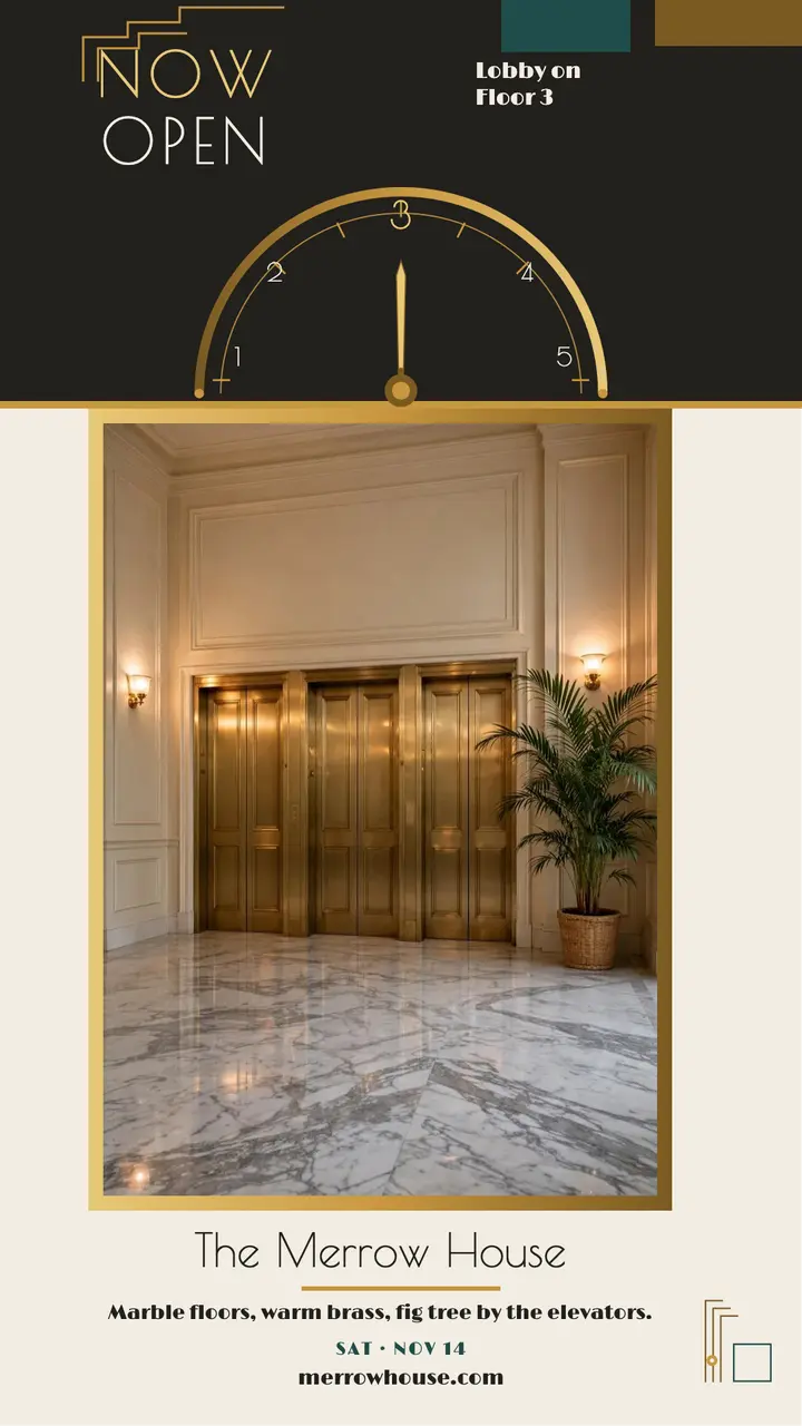 Merrow House hotel opening elevator story template