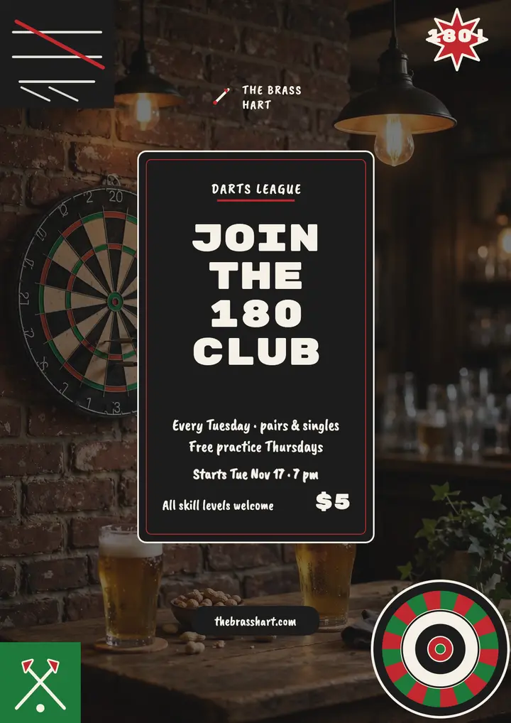 Brass Hart darts league night flyer template