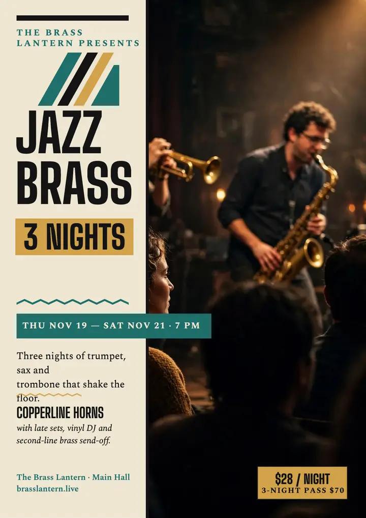 Brass horns three jazz nights flyer template