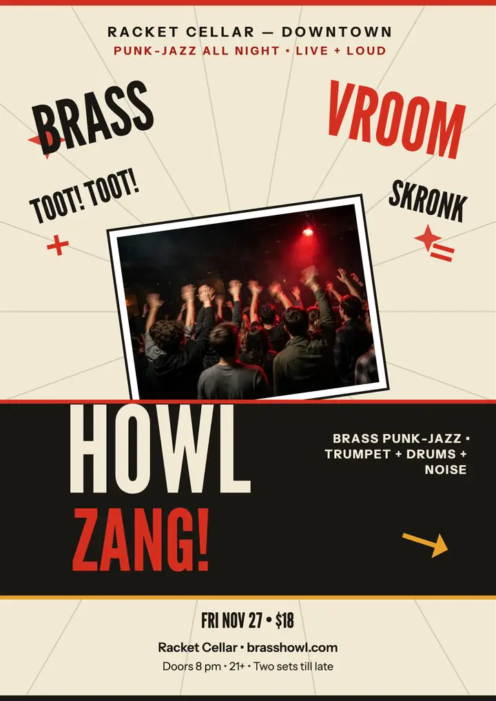 Brass Howl punk-jazz night futurist flyer template