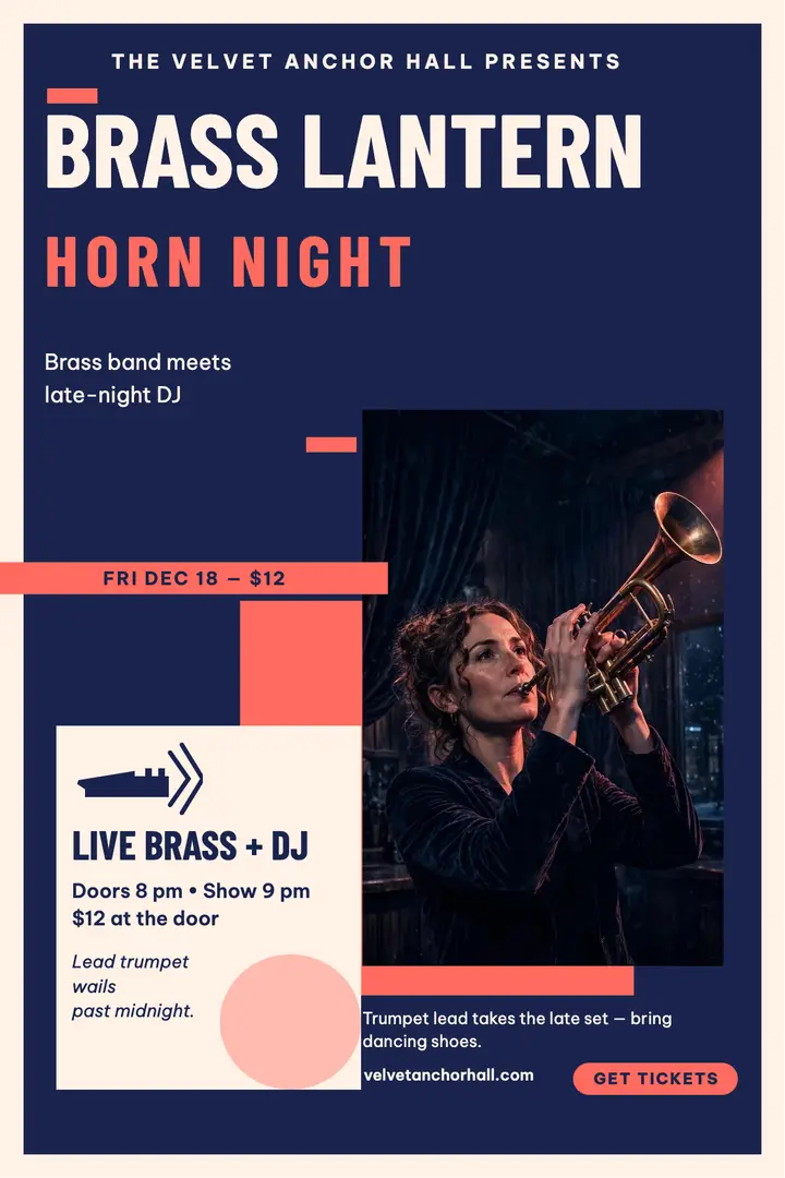 Brass Lantern horn night duotone poster: brass band poster template