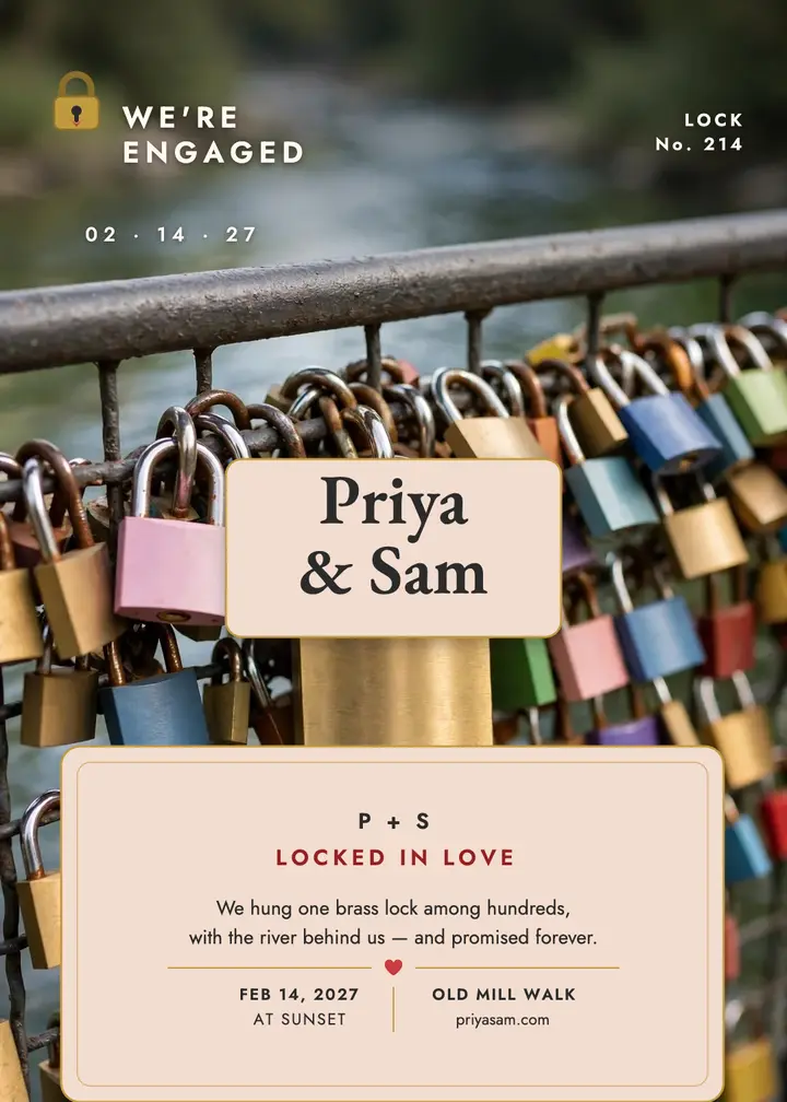 Priya and Sam brass lock engagement invitation template