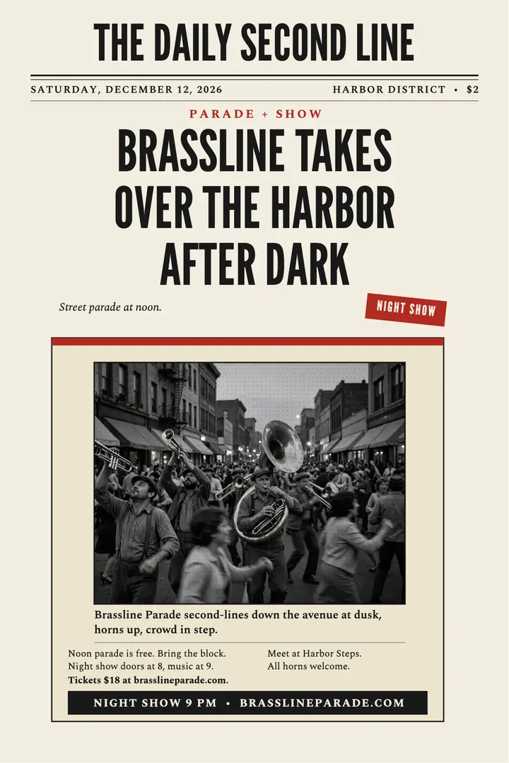 Brassline Parade front page poster: brass band parade poster template