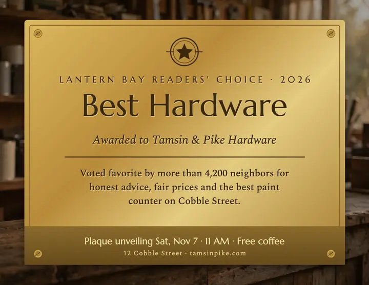 Readers' Choice brass plaque flyer, Tamsin & Pike Hardware template
