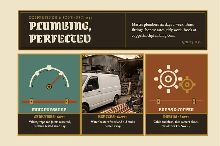 Copperfinch brass plumber service postcard template