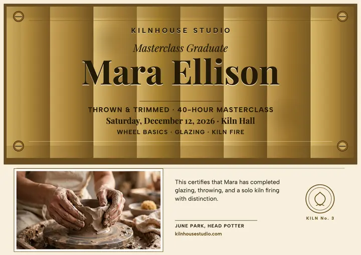 Kilnhouse pottery masterclass certificate: pottery masterclass certificate template