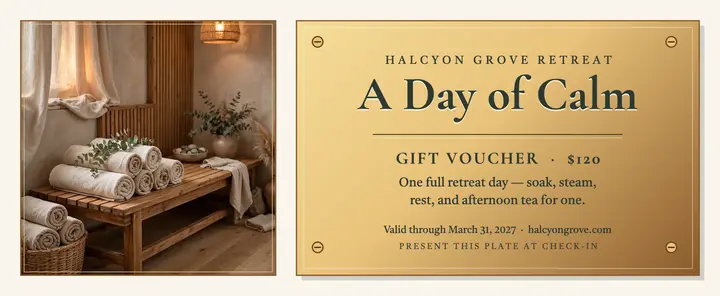 Halcyon Grove brass spa voucher template