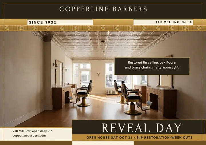 Copperline Barbers tin reveal certificate: barbershop renovation certificate template