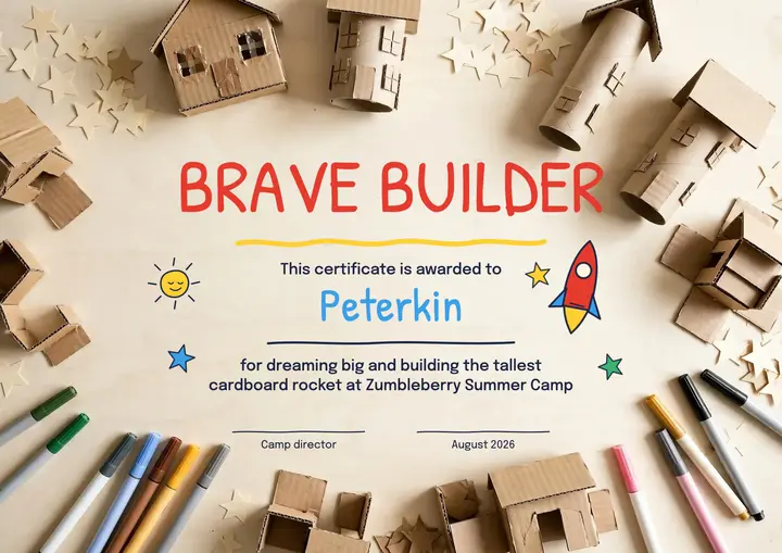 Zumbleberry camp brave builder certificate template