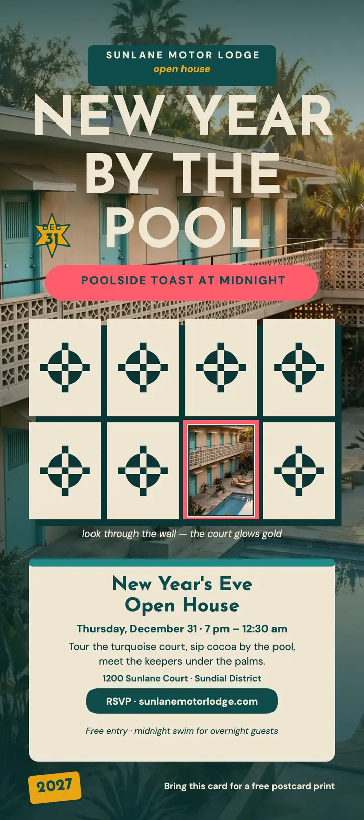 Sunlane Motor Lodge New Year open house rack: motel open house rack card template