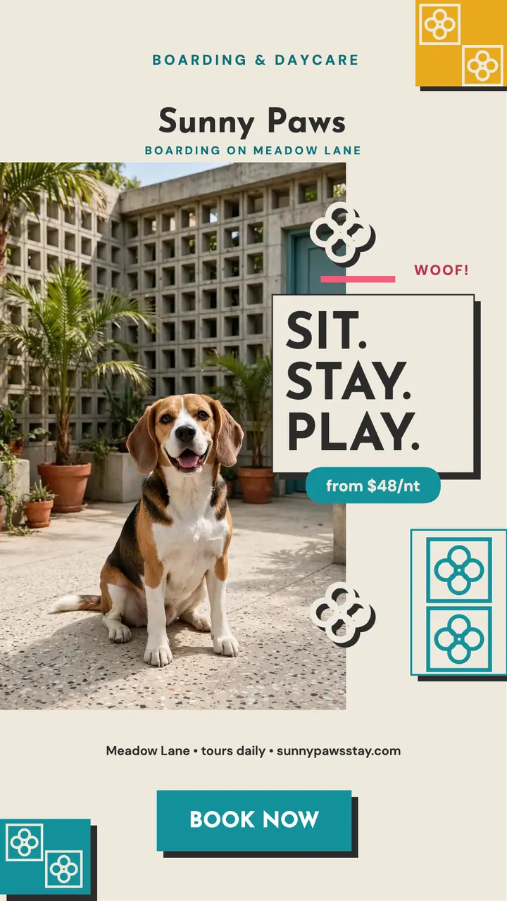 Sunny Paws boarding courtyard story template