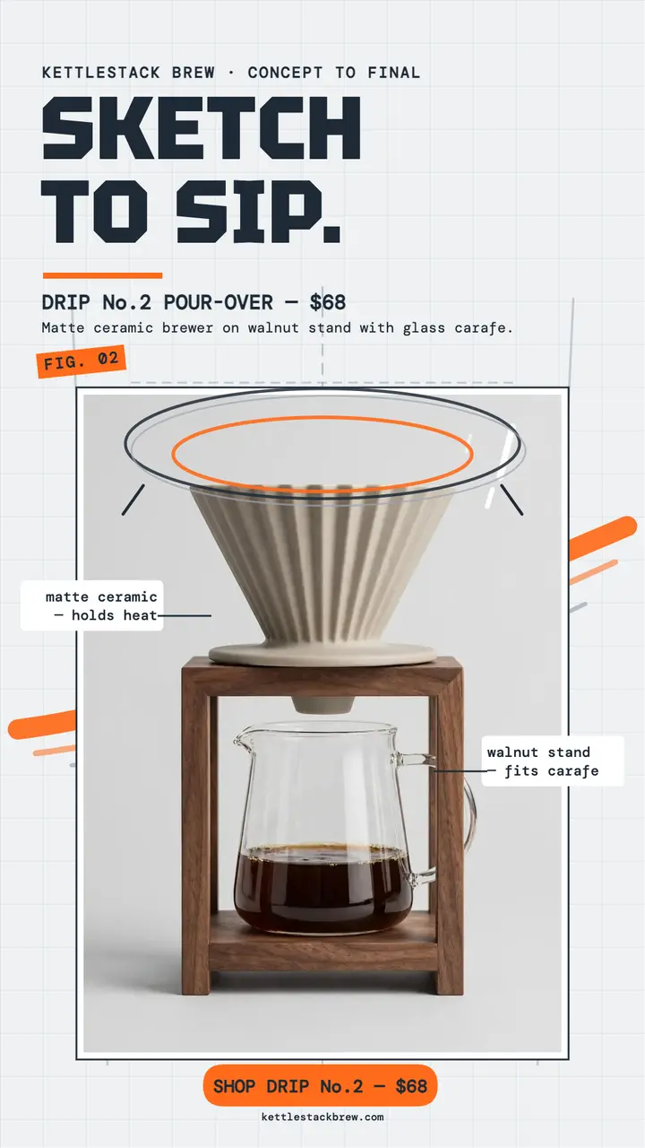 Kettlestack Drip No.2 sketch launch story: pour-over brewer launch story template