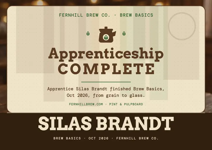 Fernhill Brew apprentice coaster certificate template