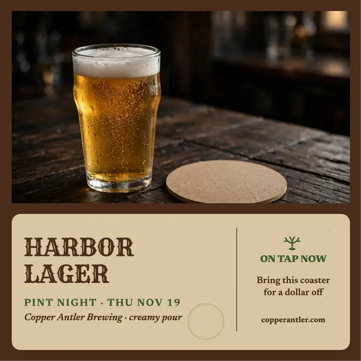 Copper Antler Harbor Lager coaster promo template