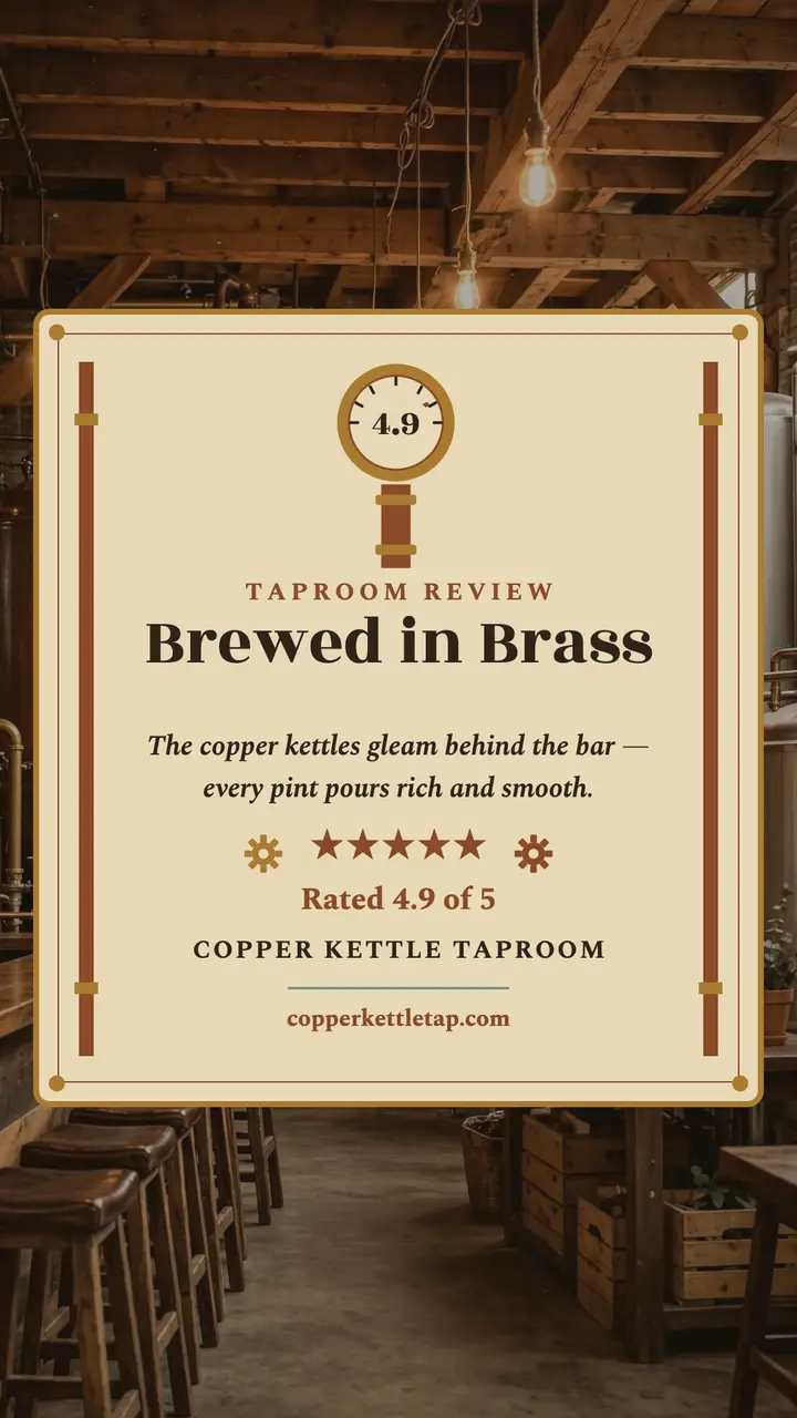 Copper Kettle taproom brass review story: brewery review story template