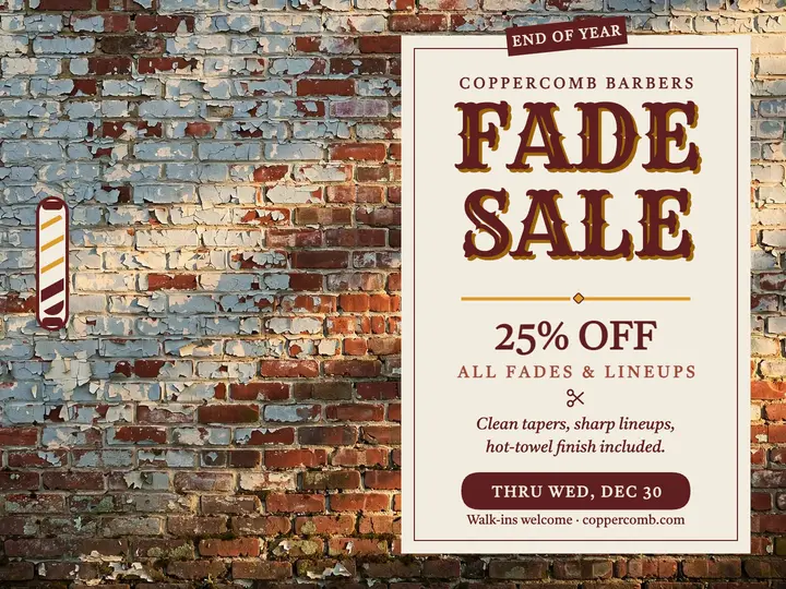 Coppercomb holiday fade sale slide: barbershop sale slide template
