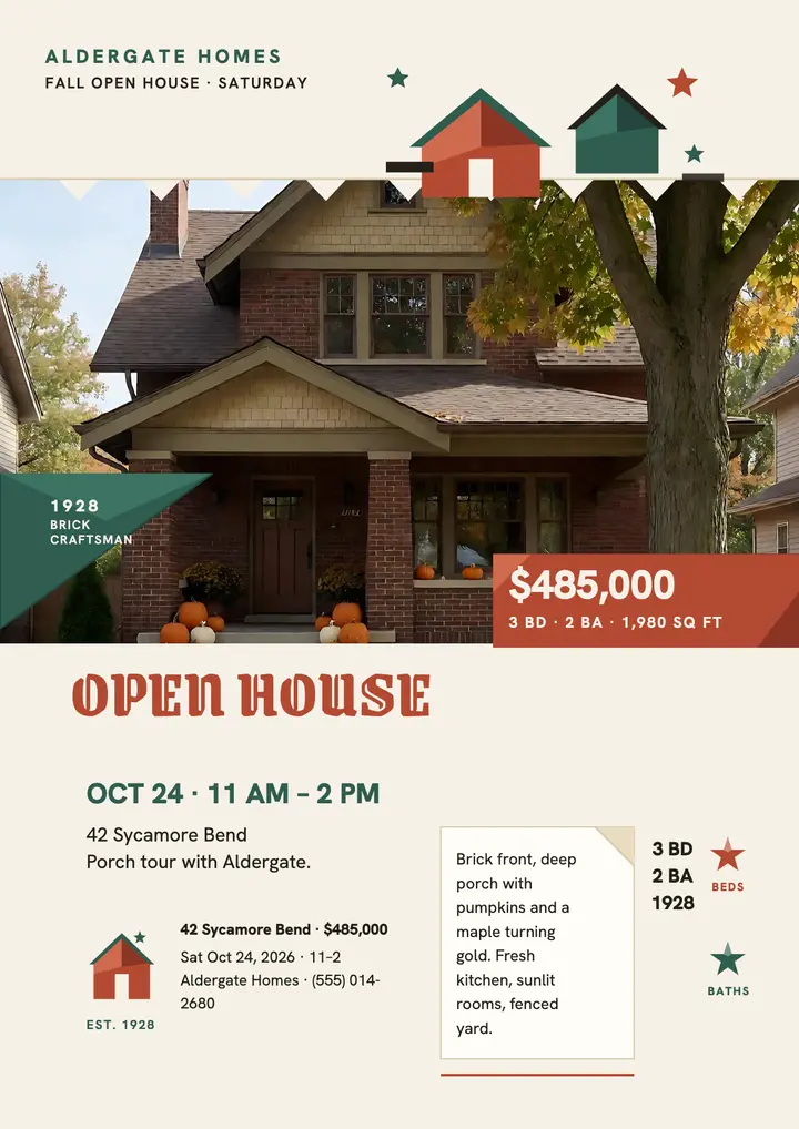 Brick craftsman fall open house flyer template
