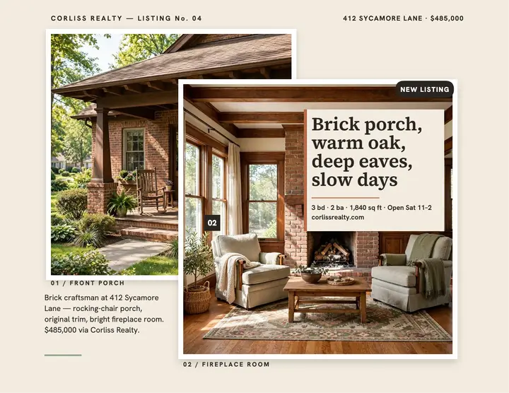 Brick craftsman overlap flyer, Corliss Realty template