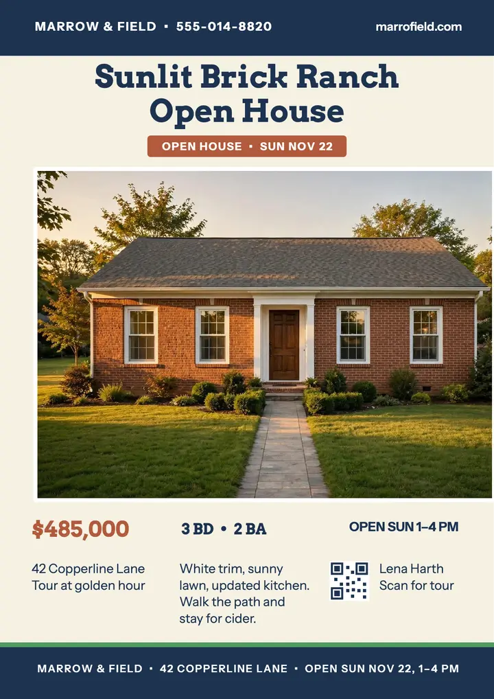 Brick ranch open house flyer, yard sign template