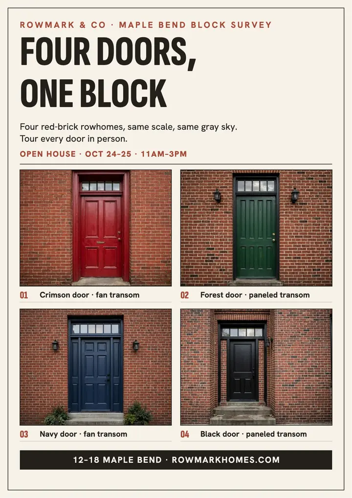 Rowmark four doors typology flyer: rowhome open house flyer template