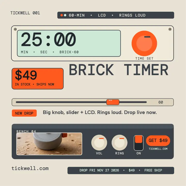 Tickwell Brick Timer hardware launch post: product drop post template