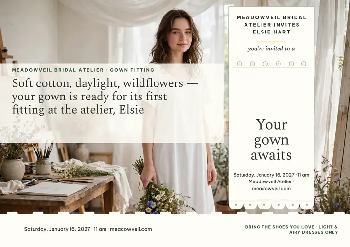 Meadowveil bridal fitting eyelet invitation: bridal fitting invitation template