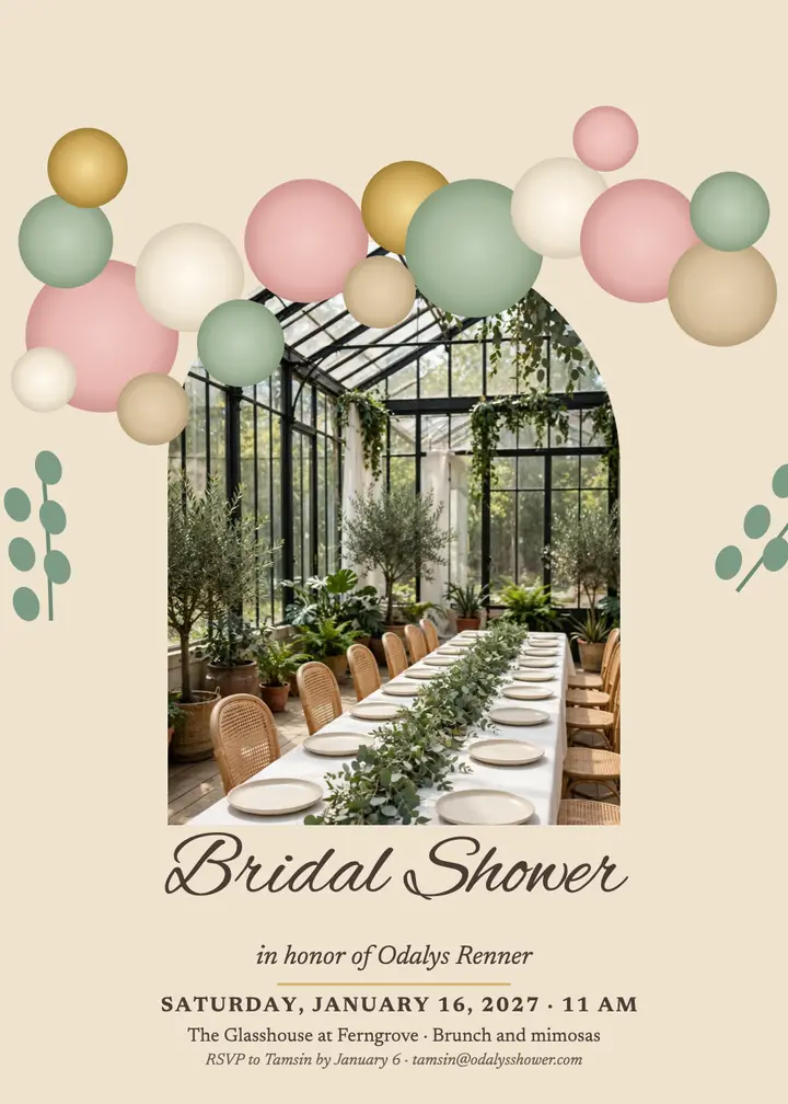 Organic balloon garland bridal shower invitation template