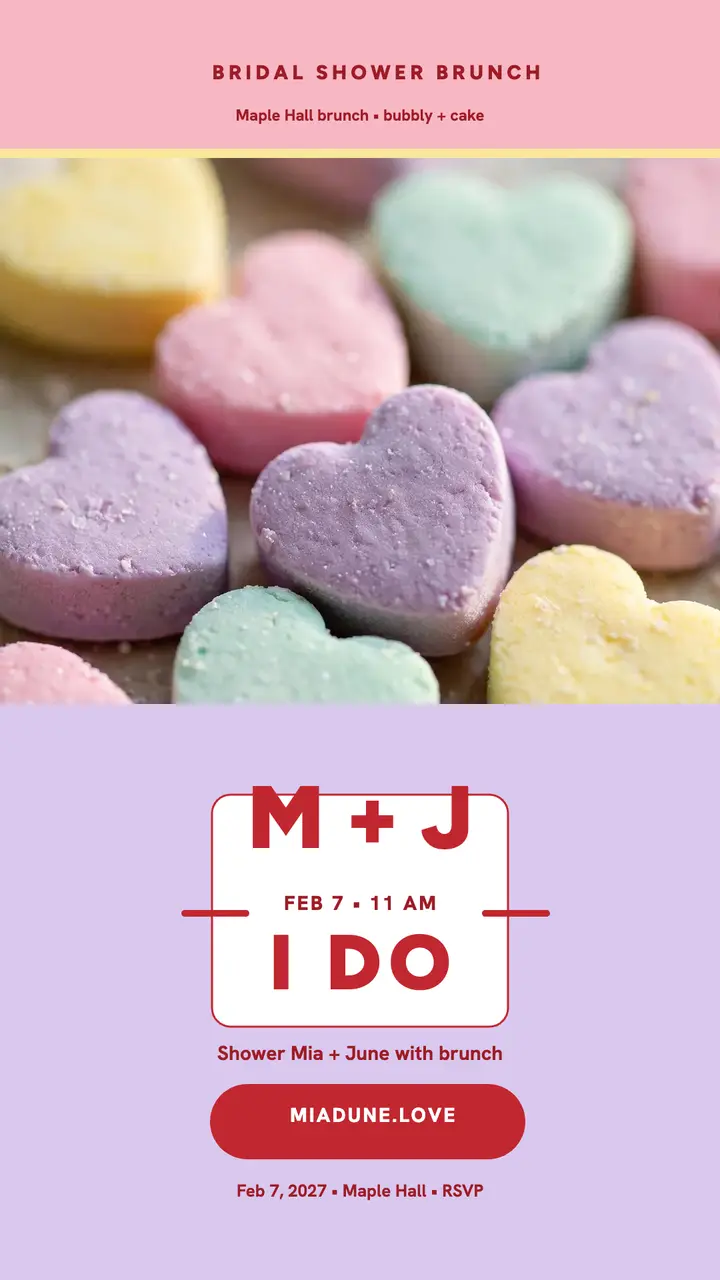 Mia and June candy hearts bridal shower story: bridal shower story template