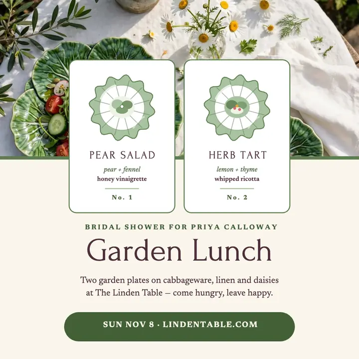 Bridal shower garden lunch menu post template