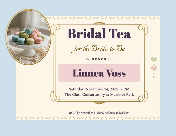 Linnea Voss bridal shower tea invitation, rococo romance template