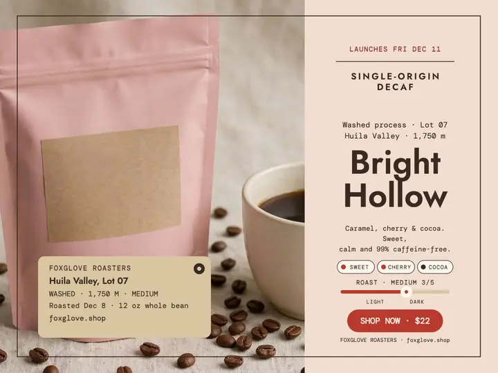 Foxglove Bright Hollow decaf launch slide template