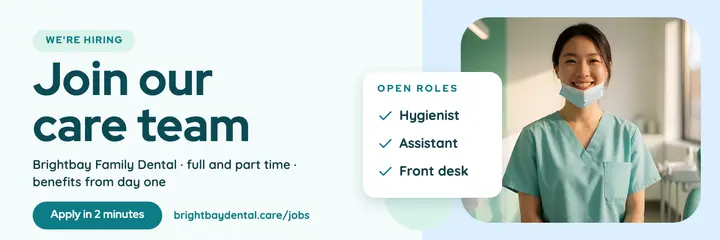Brightbay Family Dental hiring header, clinical calm template