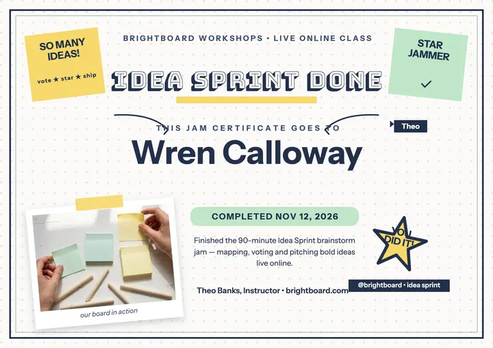 Brightboard Idea Sprint certificate: workshop certificate template