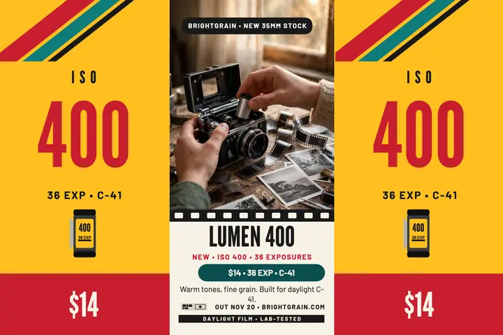 Brightgrain Lumen 400 launch postcard template