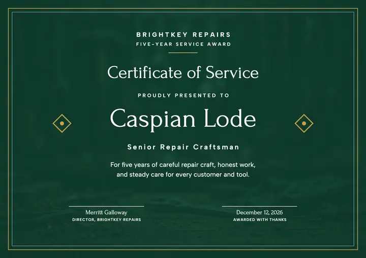 Brightkey five-year repair certificate template