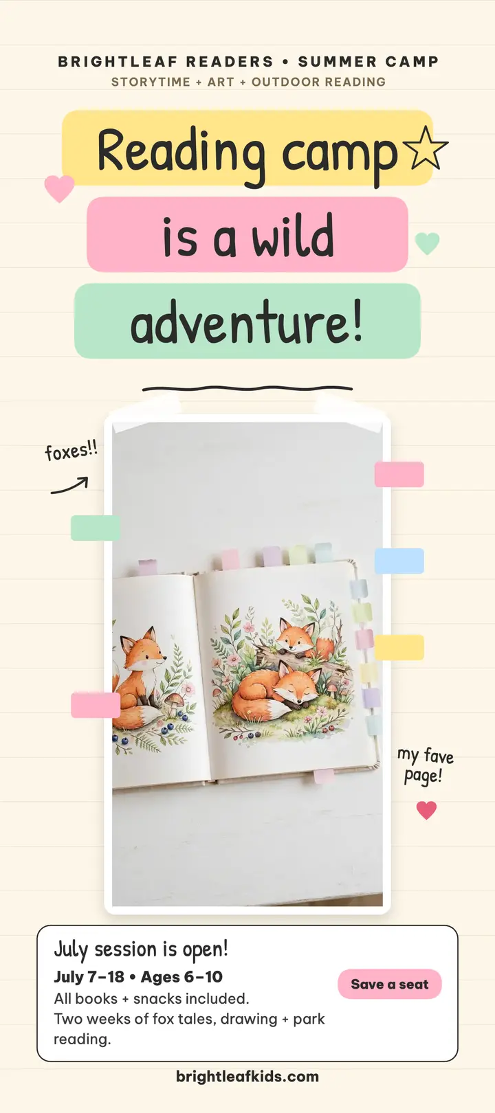 Brightleaf reading camp rack card template