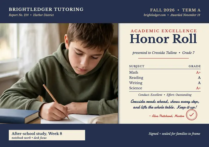 Brightledger honor roll report certificate template