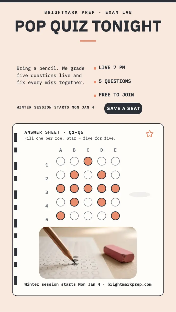 Brightmark Prep pop quiz night story template