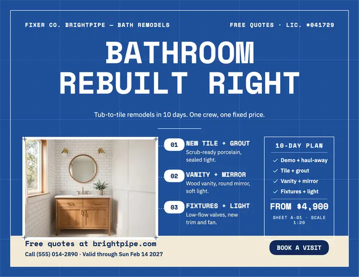 Brightpipe bathroom remodel blueprint flyer template