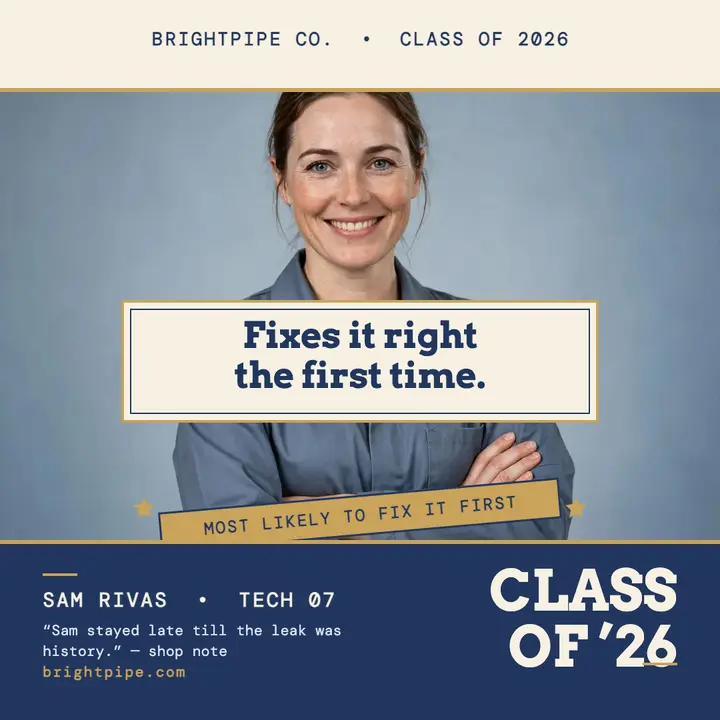 Brightpipe crew yearbook superlative post: plumber yearbook post template