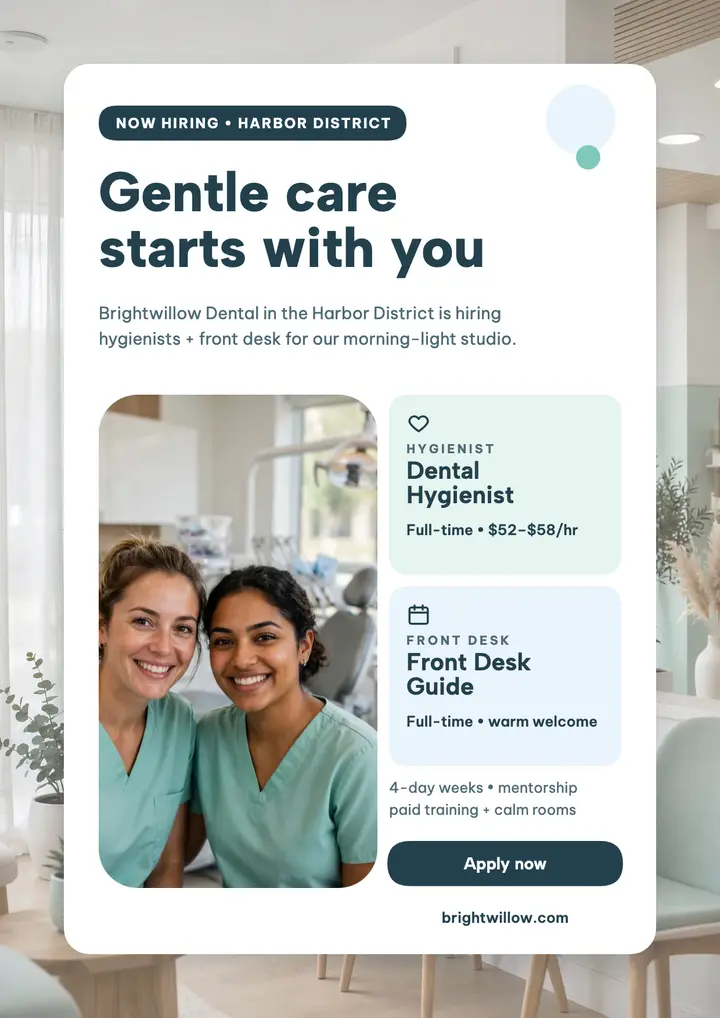 Brightwillow Dental care team hiring flyer template
