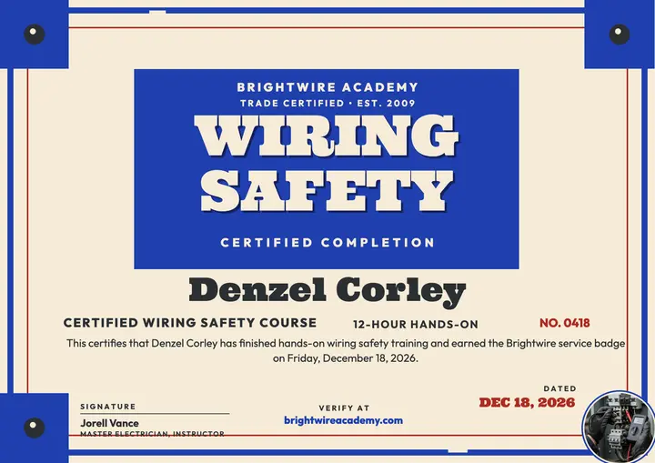Brightwire wiring safety certificate template