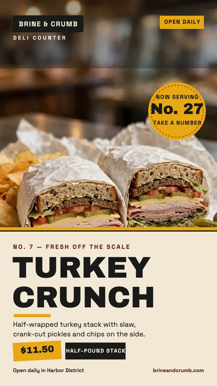 Brine and Crumb turkey crunch deli story template