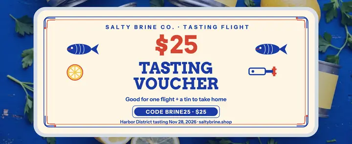 Salty Brine tasting voucher tin: tinned fish gift voucher template
