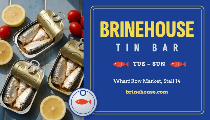 Tinned fish bar business card, cobalt and lemon template