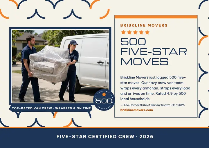 Briskline Movers five-star review certificate: moving company review certificate template