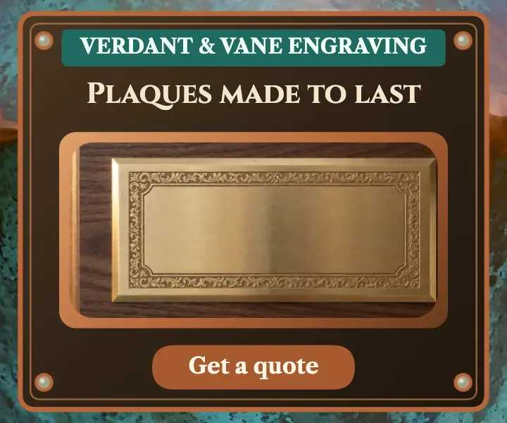 Verdant & Vane bronze plaque engraving ad: plaque engraving ad template
